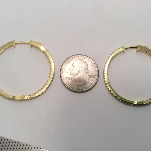 YELLOW  Solid 925 Sterling Silver POLISHED  HOOPS CZ EARRINGS 1 1/2'' - Picture 3 of 7